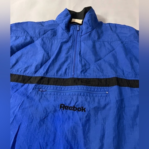 Vintage REEBOK 1/2 Zip Pullover Windbreaker Large Lightweight Black Blue 90s - Picture 5 of 10